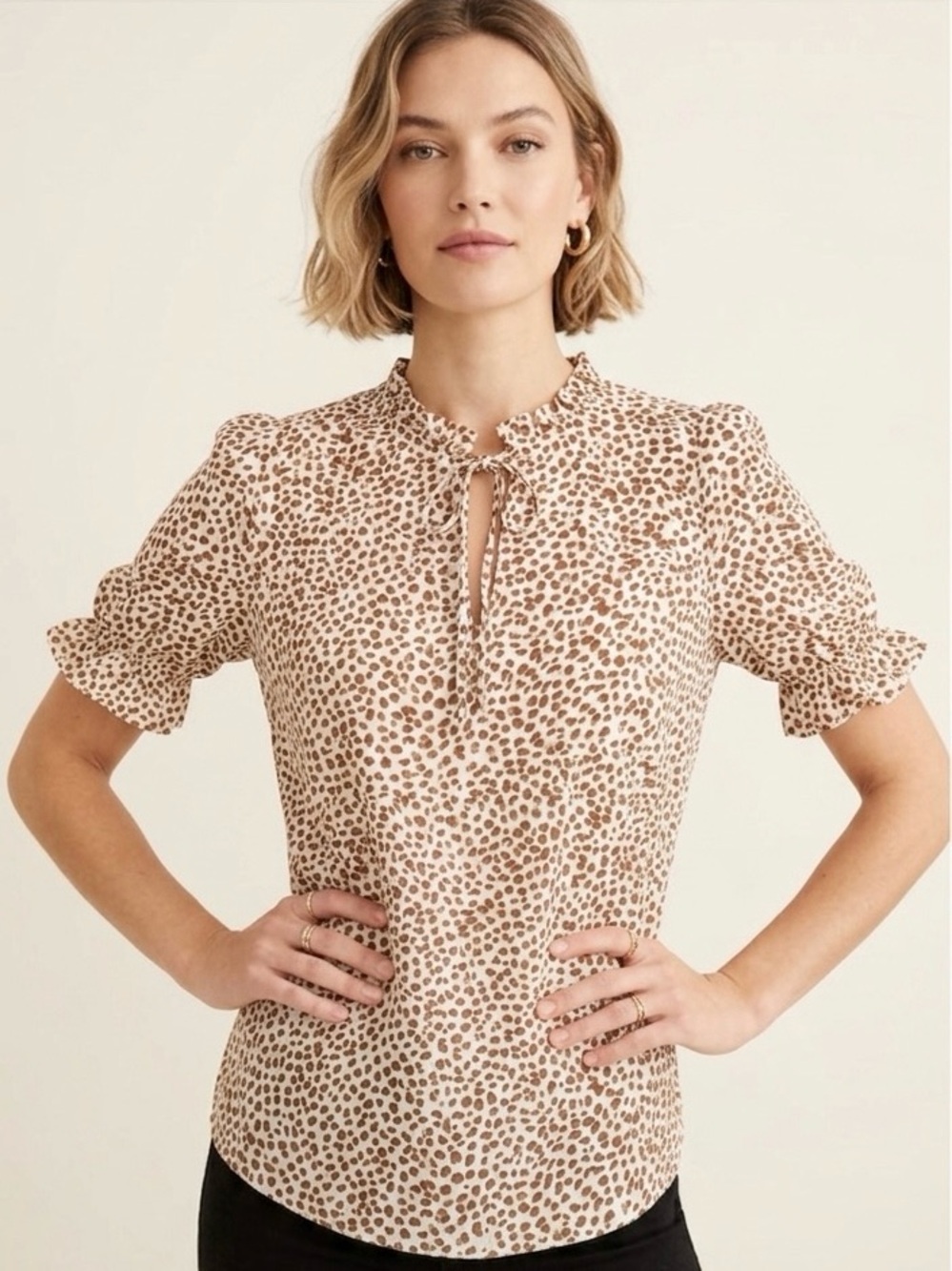 J.Crew Animal Print Blouse Ruffle Neck Keyhole Cap Sleeve Lined Size XXS